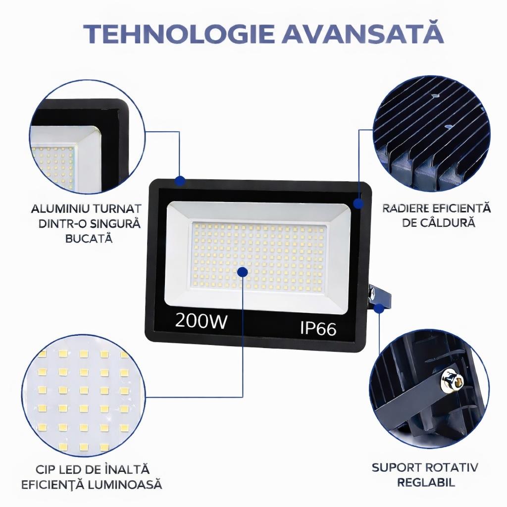 Proiector LED 200W Exterior,126 LED-uri, Lumina Rece Intensa, Carcasa Aluminiu + Sticla, 10000 Lumeni, IP66 Rezistent la Apa si Praf, Alimentare 220V, Curte, Garaj, Parcare, Iluminare Profesionala