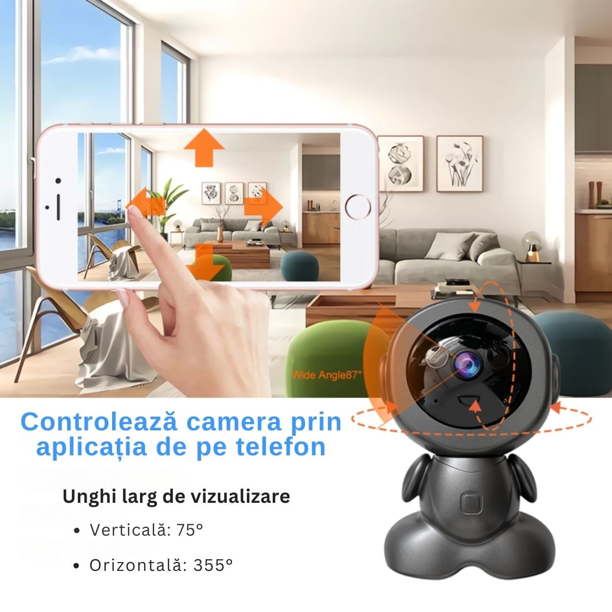 Camera de supraveghere video, forma de robot, Wi-fi, 3MP, Full HD, 1080P, Pan-Tilt 350°, Comunicare bi-directionala, Senzor miscare, Night vision, Supraveghere bebelusi/copii/animale de companie, Interior, Gri antracit/negru, Zocmmi