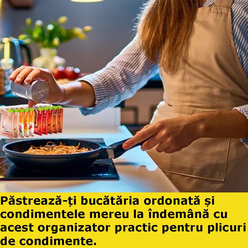 Organizator EDAR Plicuri De Condimente, Cu 10 Cleme, Suport Pentru Montare Pe Perete Inclus, Capace Cu Orificii, Transparent