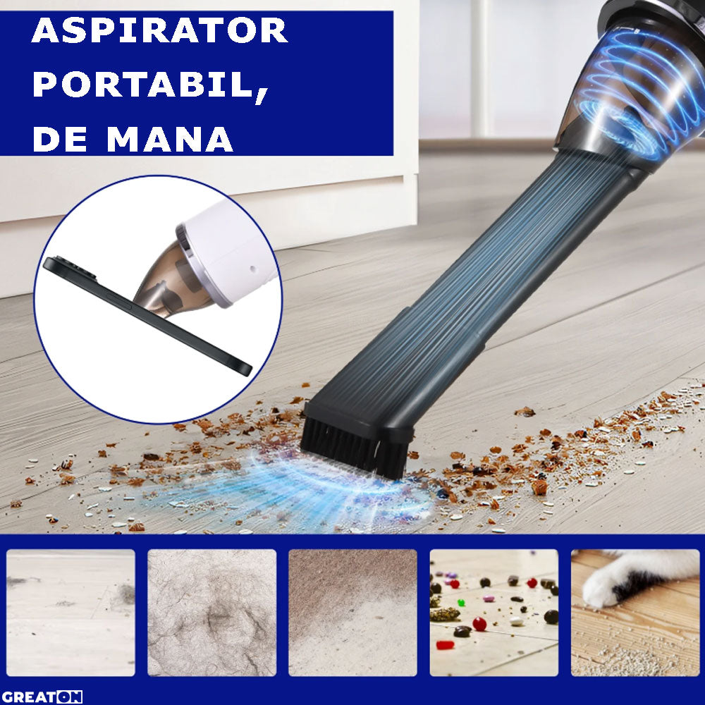 Aspirator Auto, GREATON, Reincarcabil, Portabil, Filtru HEPA lavabil, Alb/Negru, 41x9.5x19.5cm, Putere 80W, Acumulator 2000 mAh