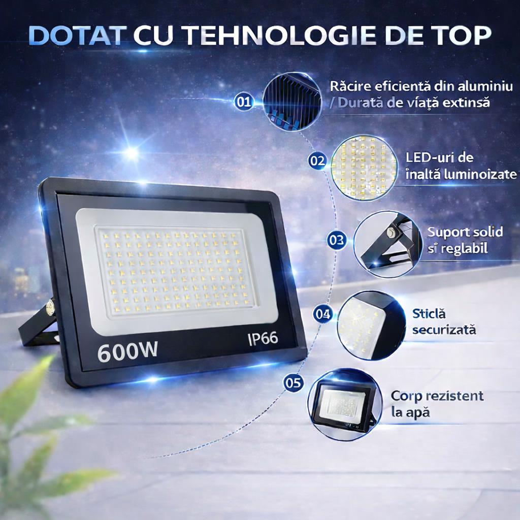 Proiector LED 600W Exterior, 520 LED-uri, Lumina Rece Intensa, Carcasa Aluminiu + Sticla, 40000 Lumeni, IP66 Rezistent la Apa si Praf, Alimentare 220V, Curte, Garaj, Parcare, Iluminare Profesionala