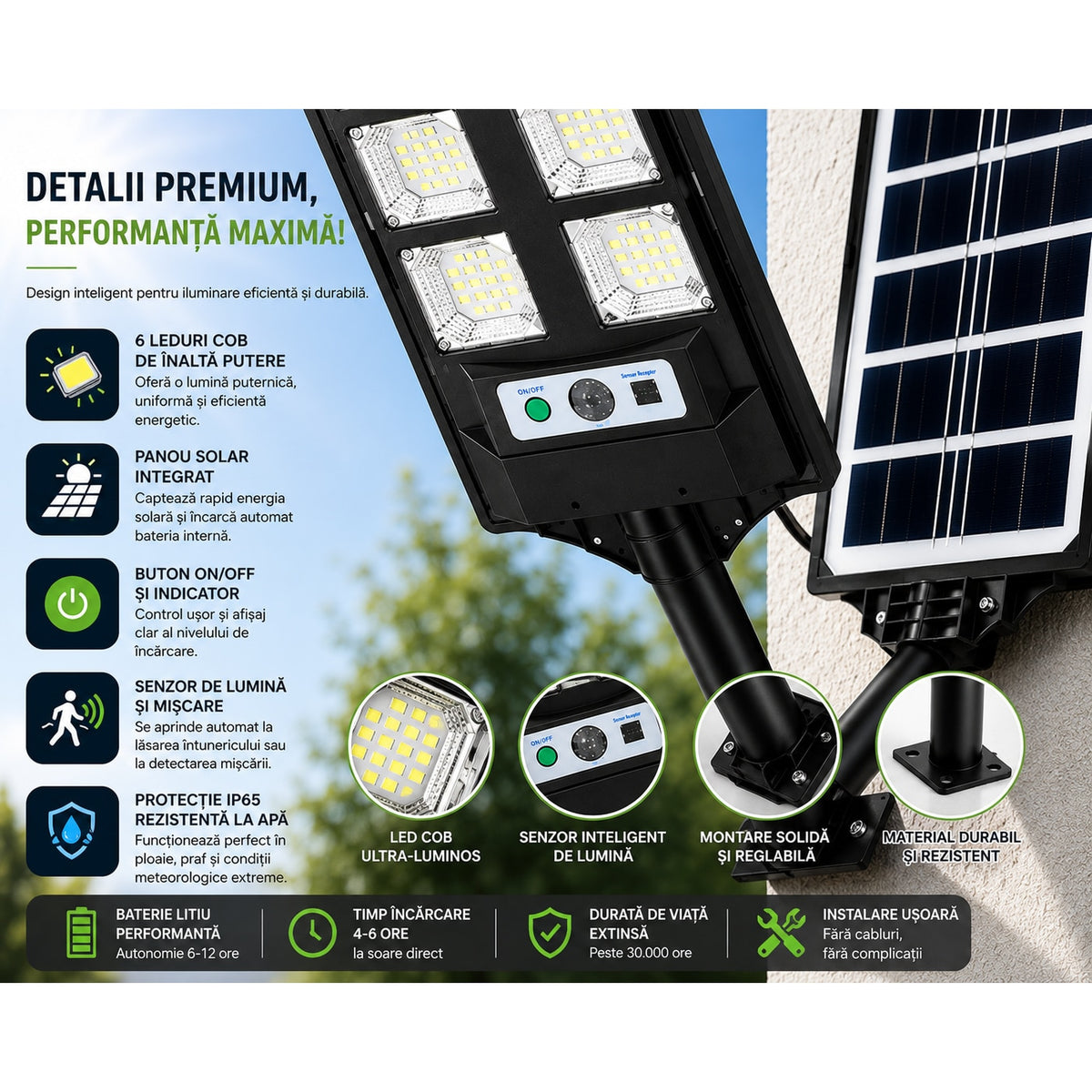 Lampa solara LED cu panou si telecomanda RAZO, Iluminare puternica, Economica, Incarcare solara, Pornire automata, Design rezistent la apa si conditii meteo, 6 module led