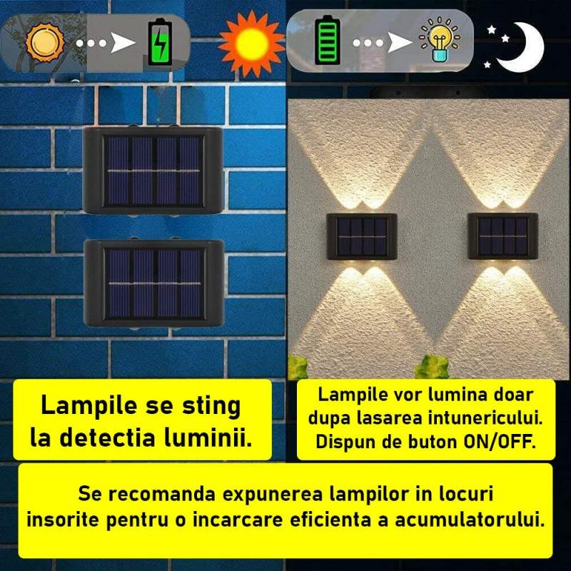 Set 2 Lampi Solare Decorative SIKS De Perete / Gradina, 4 LED SMD, Cu Senzor Lumina, Buton On/Off, Rezistente La Apa IP65, 200 mAh, Negru