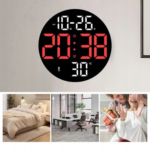 Ceas digital LED modern cu alarma, 25,5x25,5x3cm, rosu cu cifre, set cu telecomanda