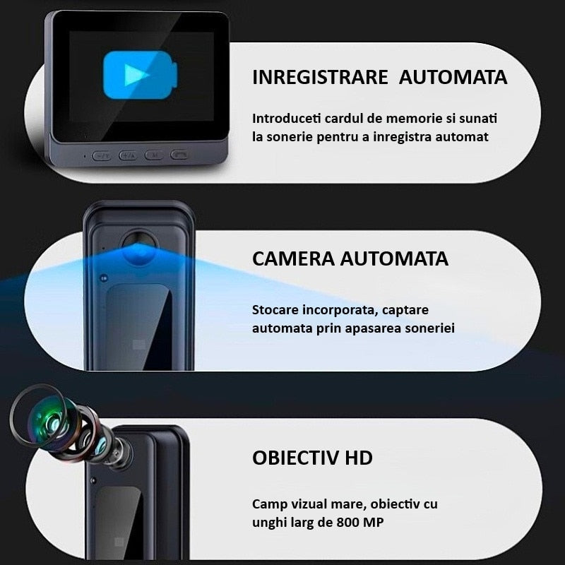 Sonerie video inteligenta bluetooth 72DESI, Ecran IPS 4.3 inch, Night Vision Infrarosu, Senzor IR, Interfon Video HD, 8MP, Comunicare bidirectionala, Unghi de vizualizare 170°, Baterii incorporate, Instalare usoara fara cabluri, Negru