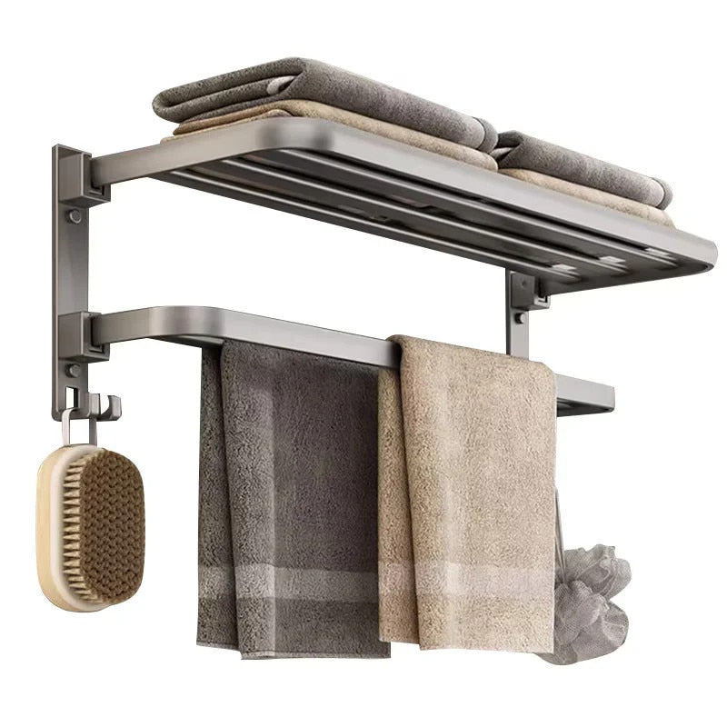 Suport Prosoape Baie Vivendo Pliabil Aluminiu 2 Niveluri Polita Carlige 60cm Gri Montaj Dual