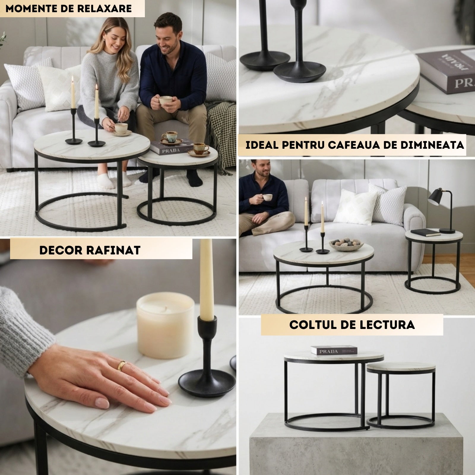 Set 2 Mese Cafea Nesting Premium Infiniteea™️, Living/Office, Design Rotund Elegant, Blat MDF, Aspect Marmura Alba, Structura Metalica Neagra, Stil Modern Rafinat, Economisire Spatiu, Mese suprapuse Alb/Negru, Diametru 50/50cm si 70/70