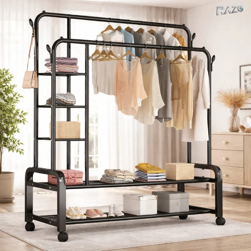 Suport metalic dublu pentru haine cu roti RAZO, Capacitate 58 kg, 2 bare umerase, 2 rafturi pantofi, 160x110x55 cm, Negru