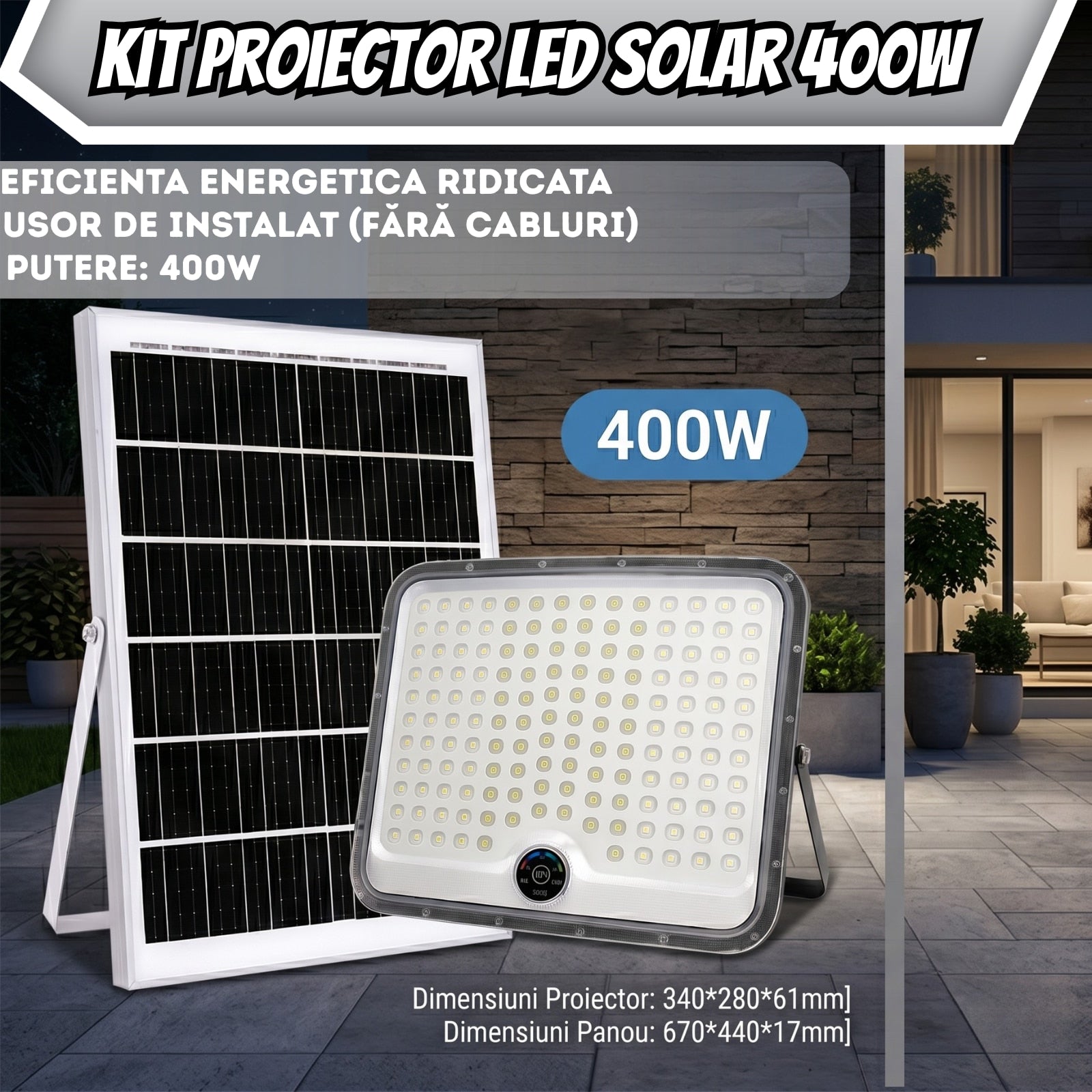 Proiector LED de Iluminat cu Incarcare Solara Premium Infiniteea™, 400W, Kit Complet cu Proiector LED High-Output, Panou Fotovoltaic Monocristalin, Telecomanda Inteligenta a si Kit de Montaj, Autonomie Extinsa, Protectie Rezistent la Intemperii, Negru