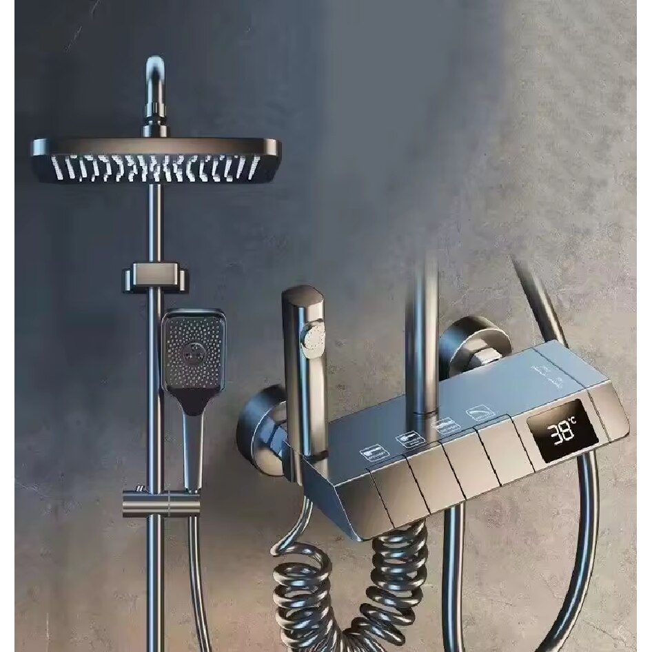 Coloana de dus completa, cu display temperatura apa fara conectare la reteaua electrica, butoane comenzi piano, gri-maroniu, AVI-4090
