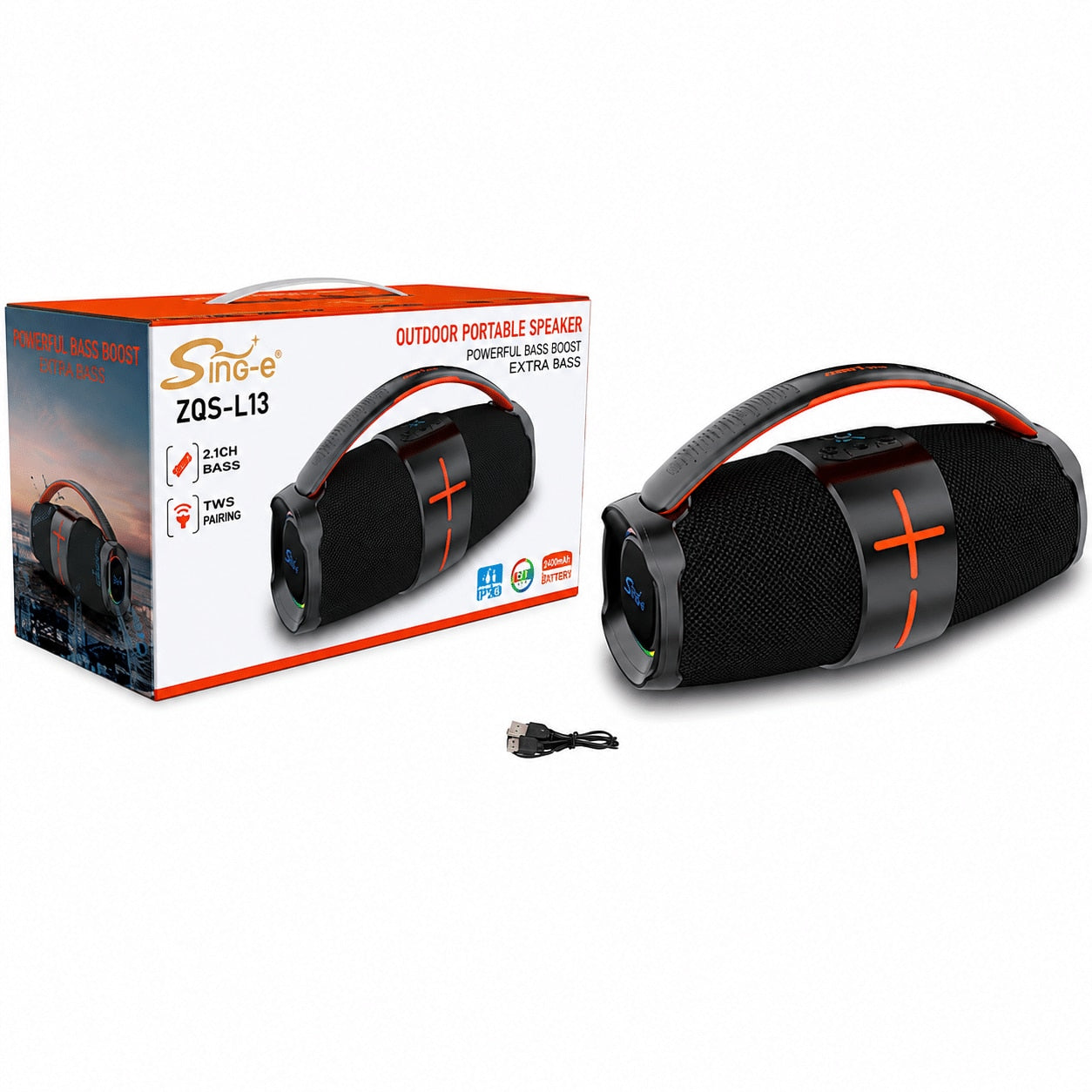 Boxa Portabila Bluetooth Sing-e® ZQS-L13, 200W PMPO, Difuzoare 2 x 2.25", Bass Boost, RGB LED, USB, TF Card, AUX, IPX5, Acumulator 3000mAh