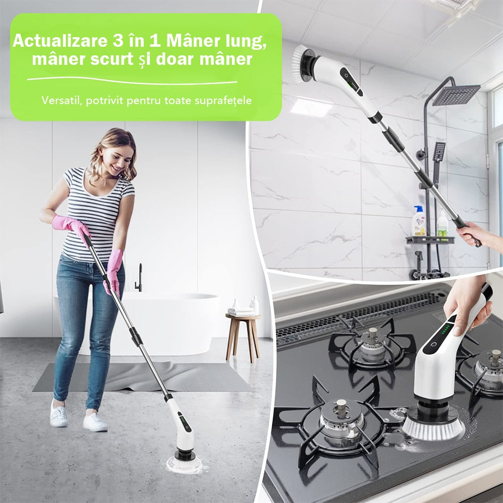 Perie electrica de curatare rotativa, perie electrica de curatare fara fir, cu 9 capete de periere inlocuibile, masina de spalat electric cu 2 trepte, cu maner reglabil si detasabil, potrivita pentru bai, bucatarii, cazi de baie, podele si masini