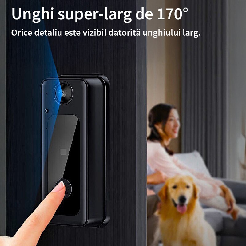 Sonerie video inteligenta bluetooth 72DESI, Ecran IPS 4.3 inch, Night Vision Infrarosu, Senzor IR, Interfon Video HD, 8MP, Comunicare bidirectionala, Unghi de vizualizare 170°, Baterii incorporate, Instalare usoara fara cabluri, Negru