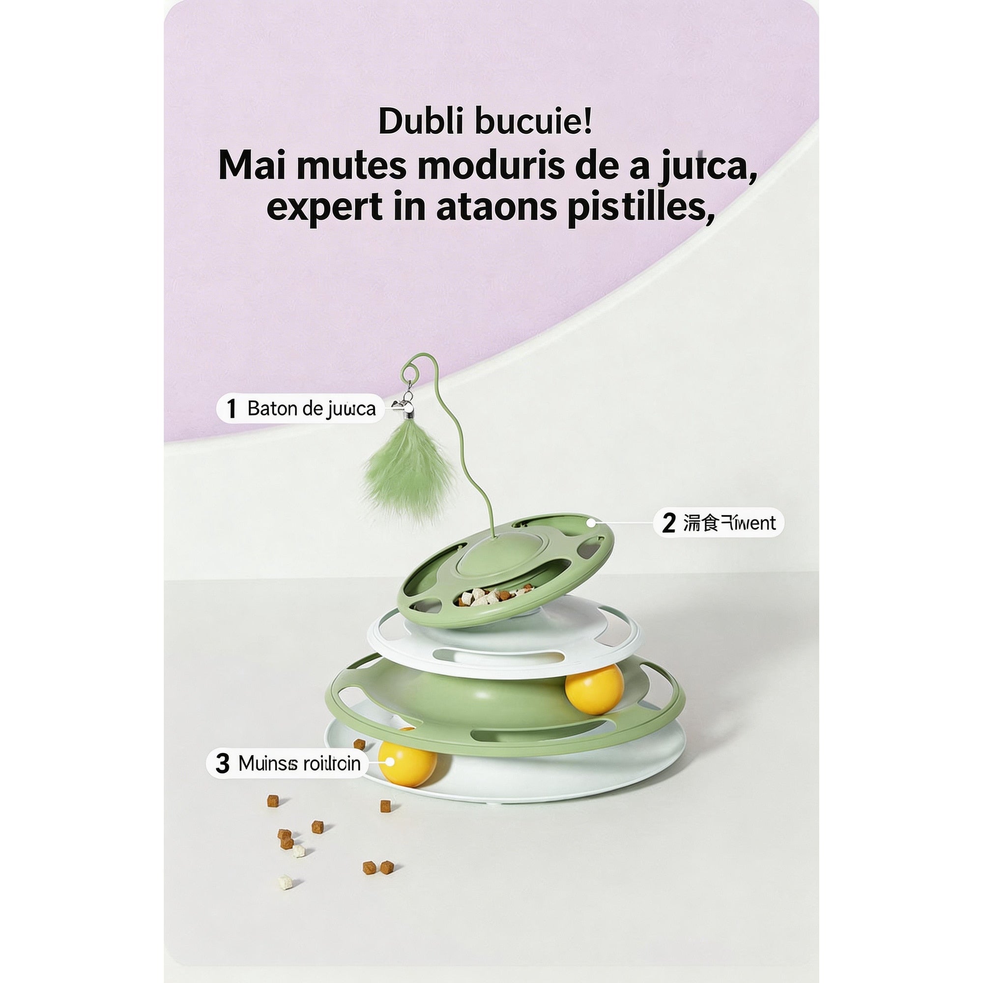 Jucărie interactivă pentru pisici, 3 niveluri, cu bile și pene, plastic, multicolor