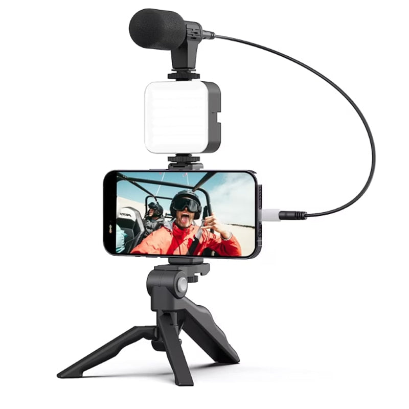 Kit de fotografiere de blog profesionist, ZOUN， Pentru videoclipuri Youtube, TikTok, LED-uri, microfon, control Bluetooth, tripod de pistol pliabil, compatibil cu camera / smartphone, universal, negru