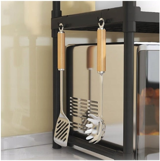 Raft Organizator pentru Cuptor Microunde DMV Solux, Etajera Bucatarie cu Agatatori Laterale, Suport Multifunctional din Plastic Rezistent, Organizator Raft Dublu pentru Blat, Economisire Spatiu, 49x48x32 cm, Negru Elegant