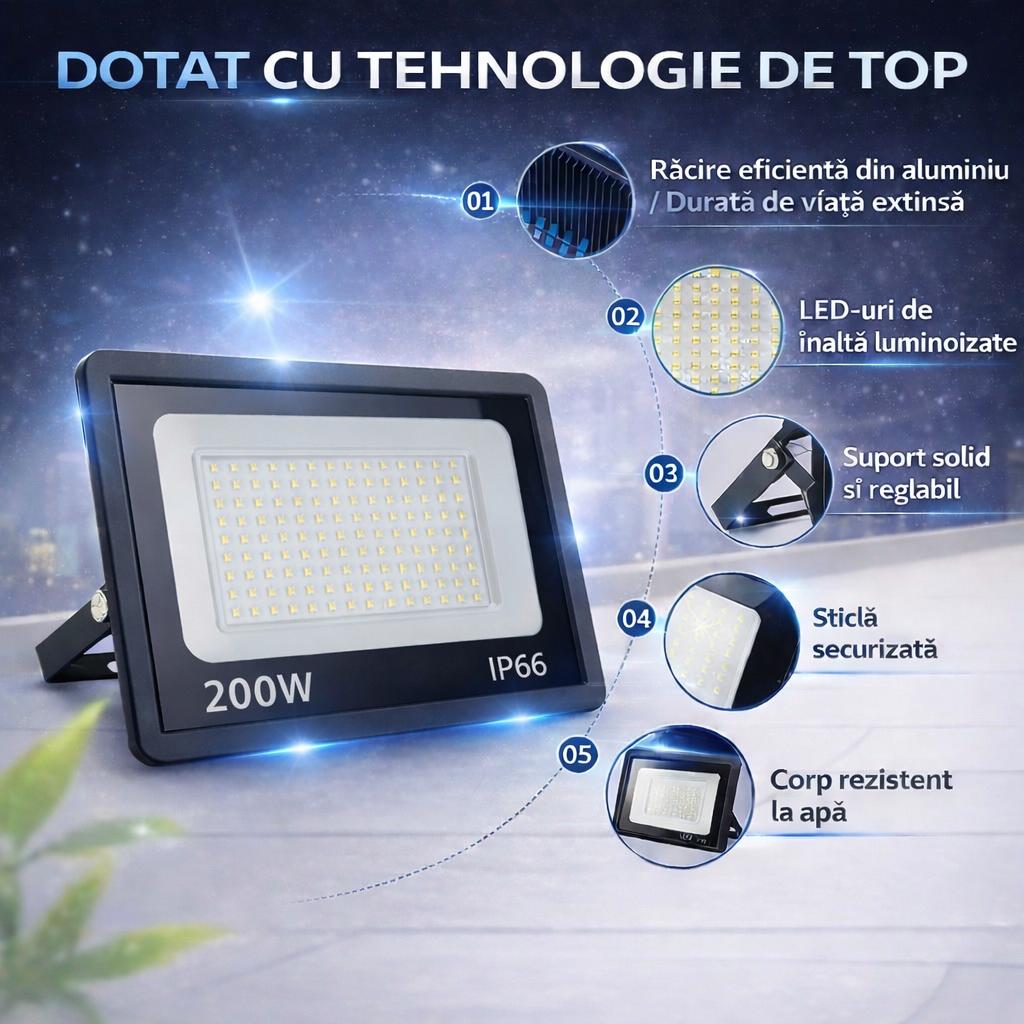 Proiector LED 200W Exterior,126 LED-uri, Lumina Rece Intensa, Carcasa Aluminiu + Sticla, 10000 Lumeni, IP66 Rezistent la Apa si Praf, Alimentare 220V, Curte, Garaj, Parcare, Iluminare Profesionala