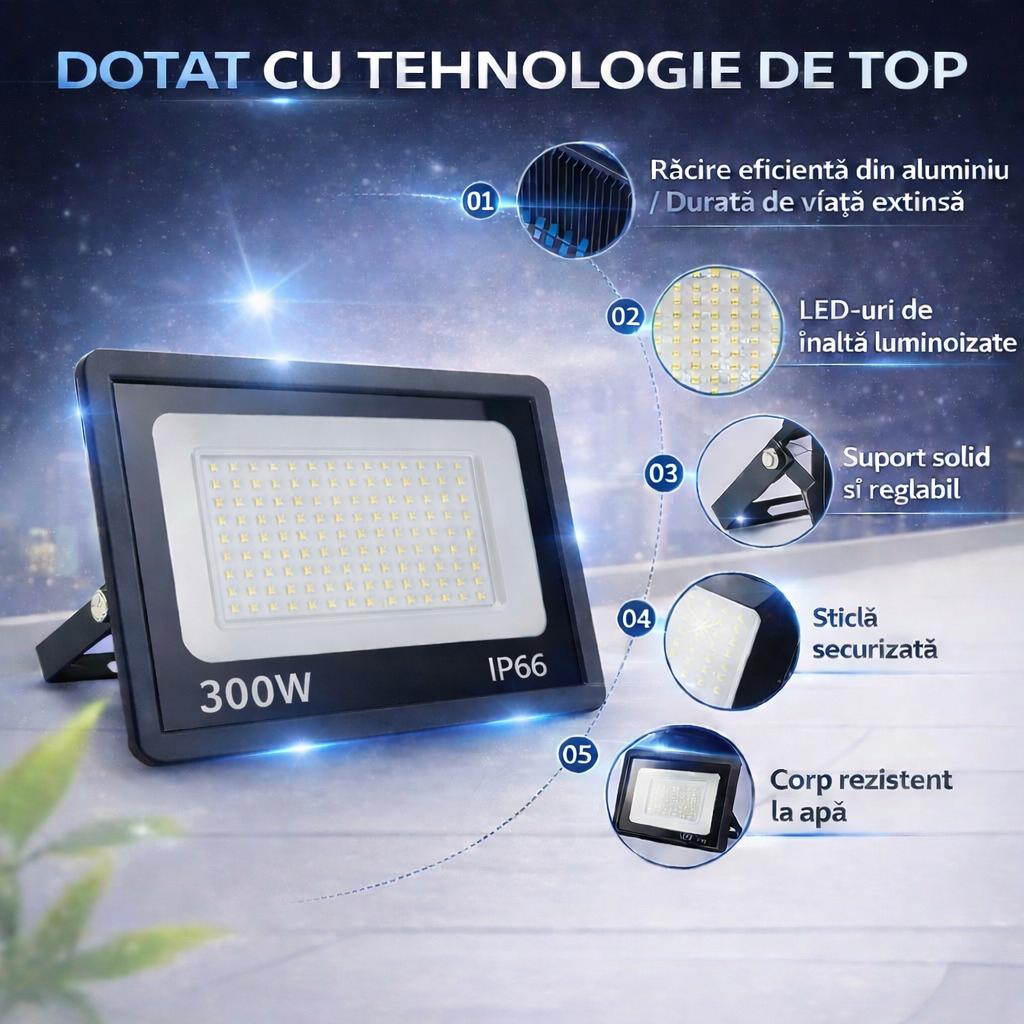 Proiector LED 300W Exterior, 168 LED-uri, Lumina Rece Intensa, Carcasa Aluminiu + Sticla, 15000 Lumeni, IP66 Rezistent la Apa si Praf, Alimentare 220V, Curte, Garaj, Parcare, Iluminare Profesionala