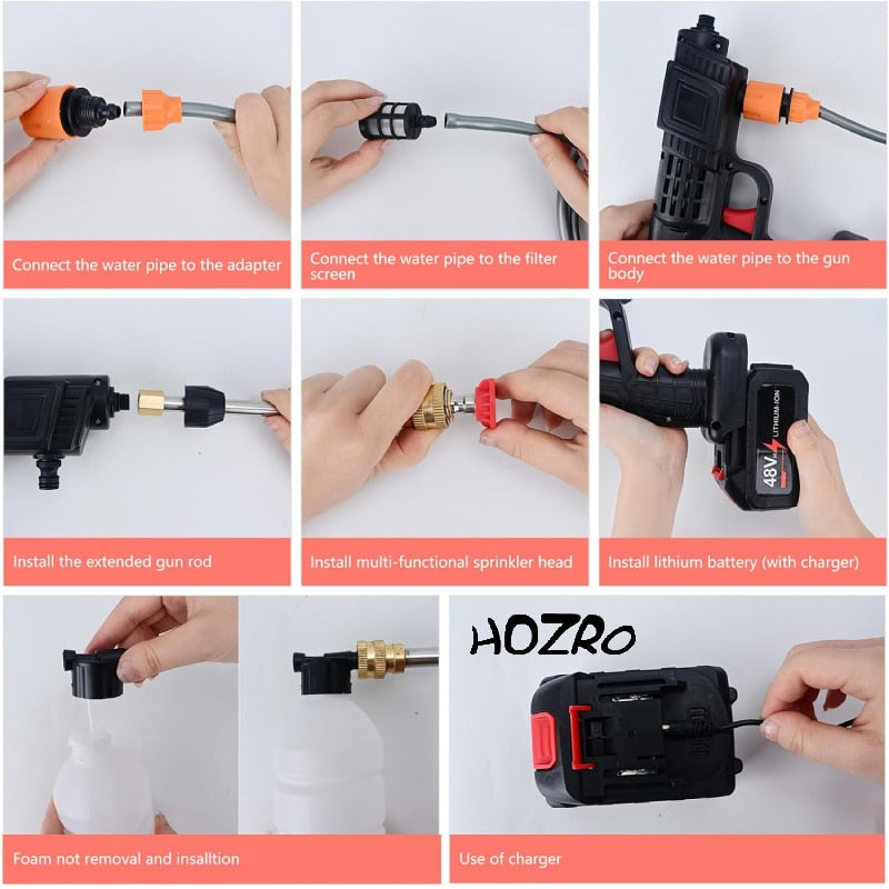 Pistol de Spalat cu Presiune fara Fir HOZRO, 48Vf, cu 2 Acumulatori, 30 Bari, 3 Moduri de Pulverizare, Duze Intersanjabile, Filtru de Apa, Recipient pentru Spuma, Ideal pentru Auto si Curte, Negru