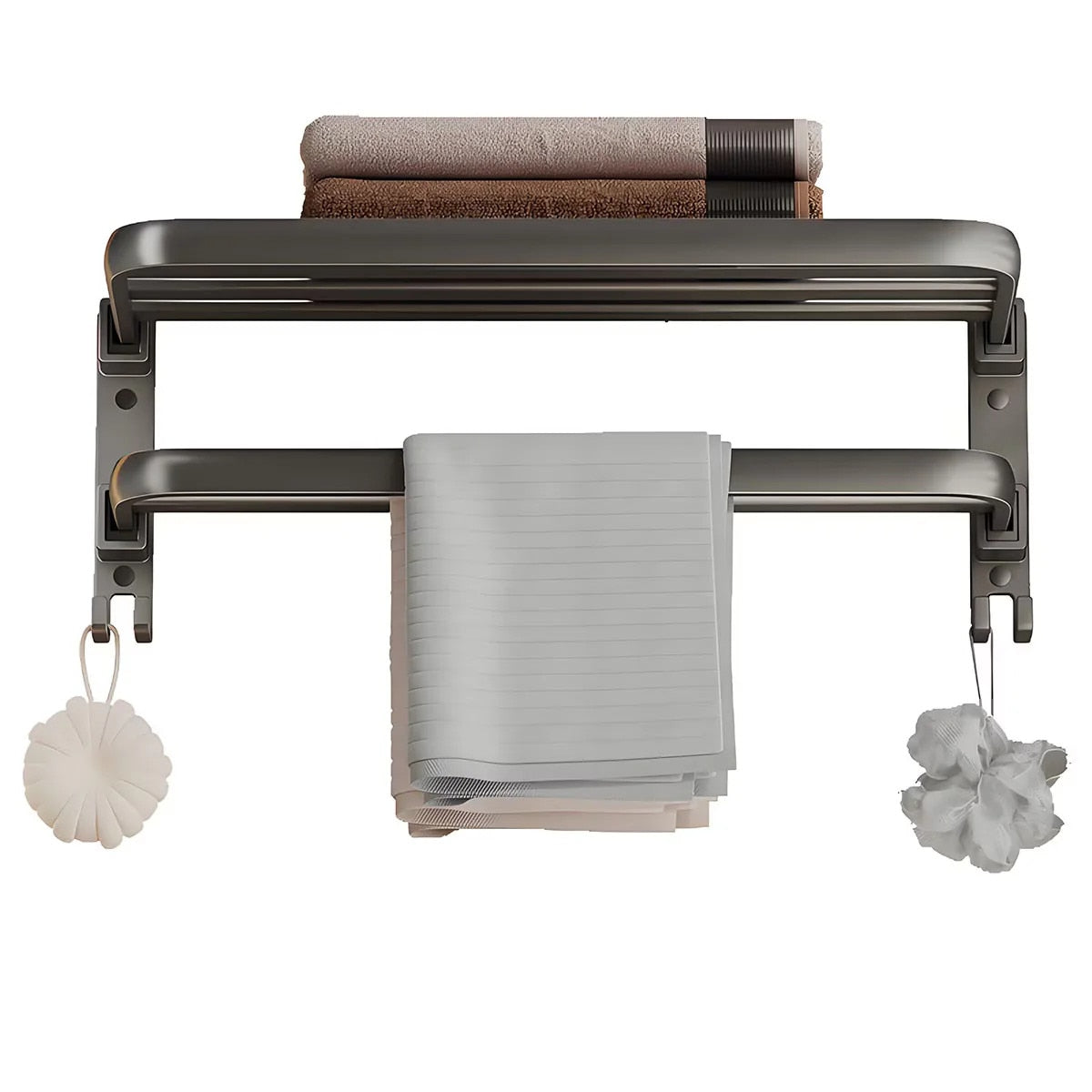 Suport Prosoape Baie Vivendo Pliabil Aluminiu 2 Niveluri Polita Carlige 60cm Gri Montaj Dual
