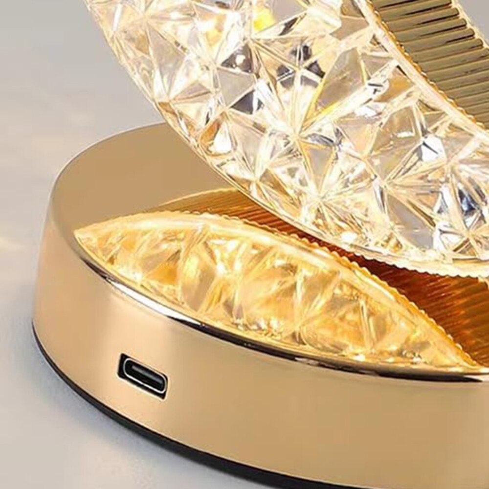 Lampa LED RGB Semiluna Cristal Lux, Schimbare Moduri prin Atingere, 5 Culori, Tranzitii Line intre Culori sau Iluminare, Incarcare USB, 14x18cm, Auriu
