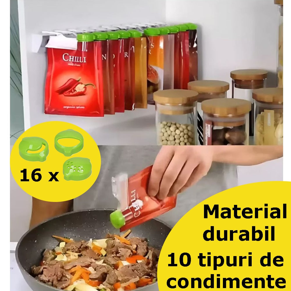 Organizator EDAR Plicuri De Condimente, Cu 10 Cleme, Suport Pentru Montare Pe Perete Inclus, Capace Cu Orificii, Transparent