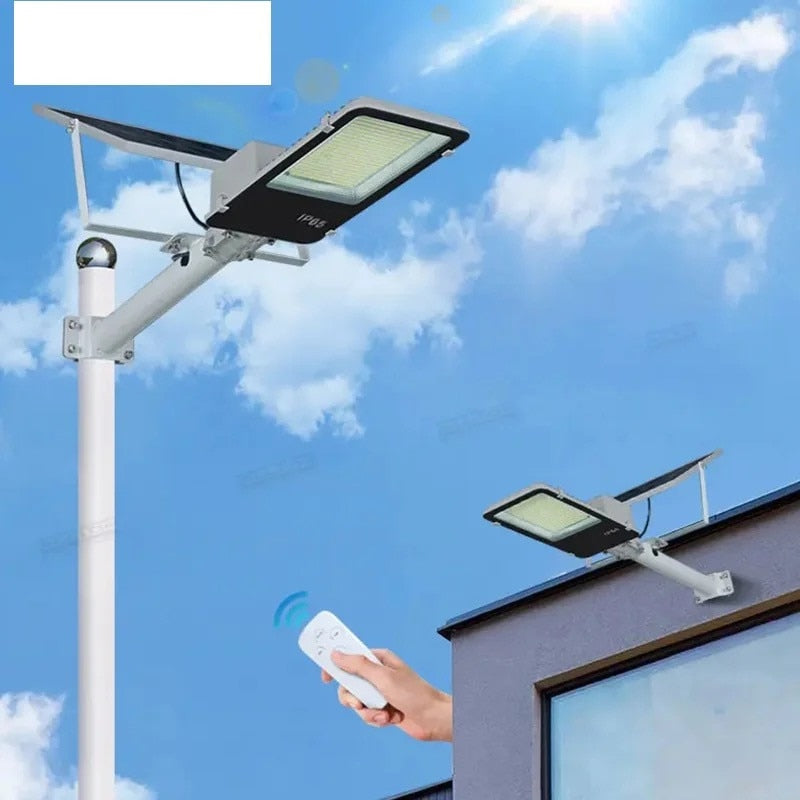 Lampa Solara Stradala LED, 300W, Proiector Exterior cu Panou Solar si Brat de Montare, Rezistenta la Apa