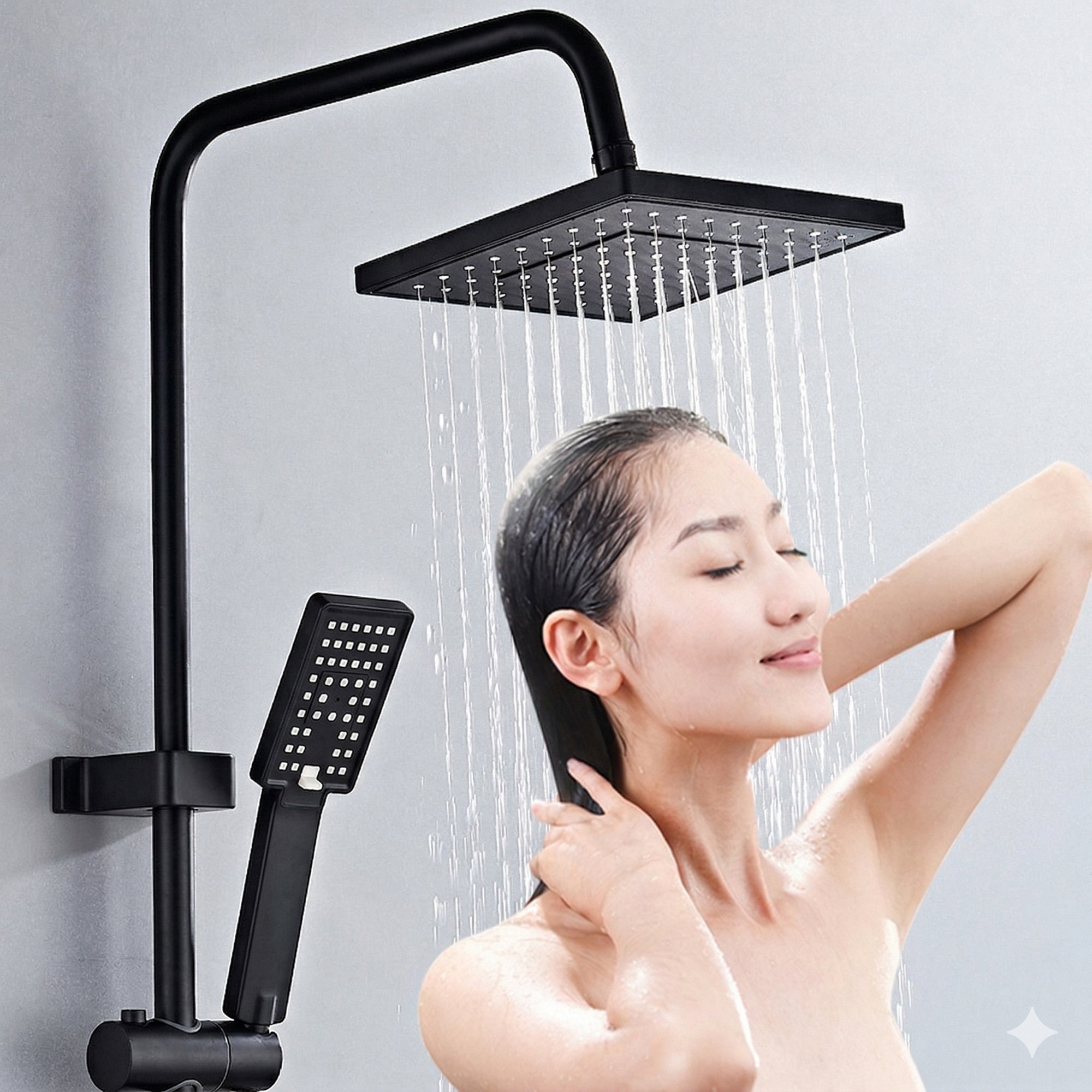 Coloana de Dus Multifunctionala, Novastride®, Set Complet cu Etajera Cosmetice, Para de Dus, Palarie Dus cu Efect Ploaie, 3 Moduri de Pulverizare, Design Modern, Negru