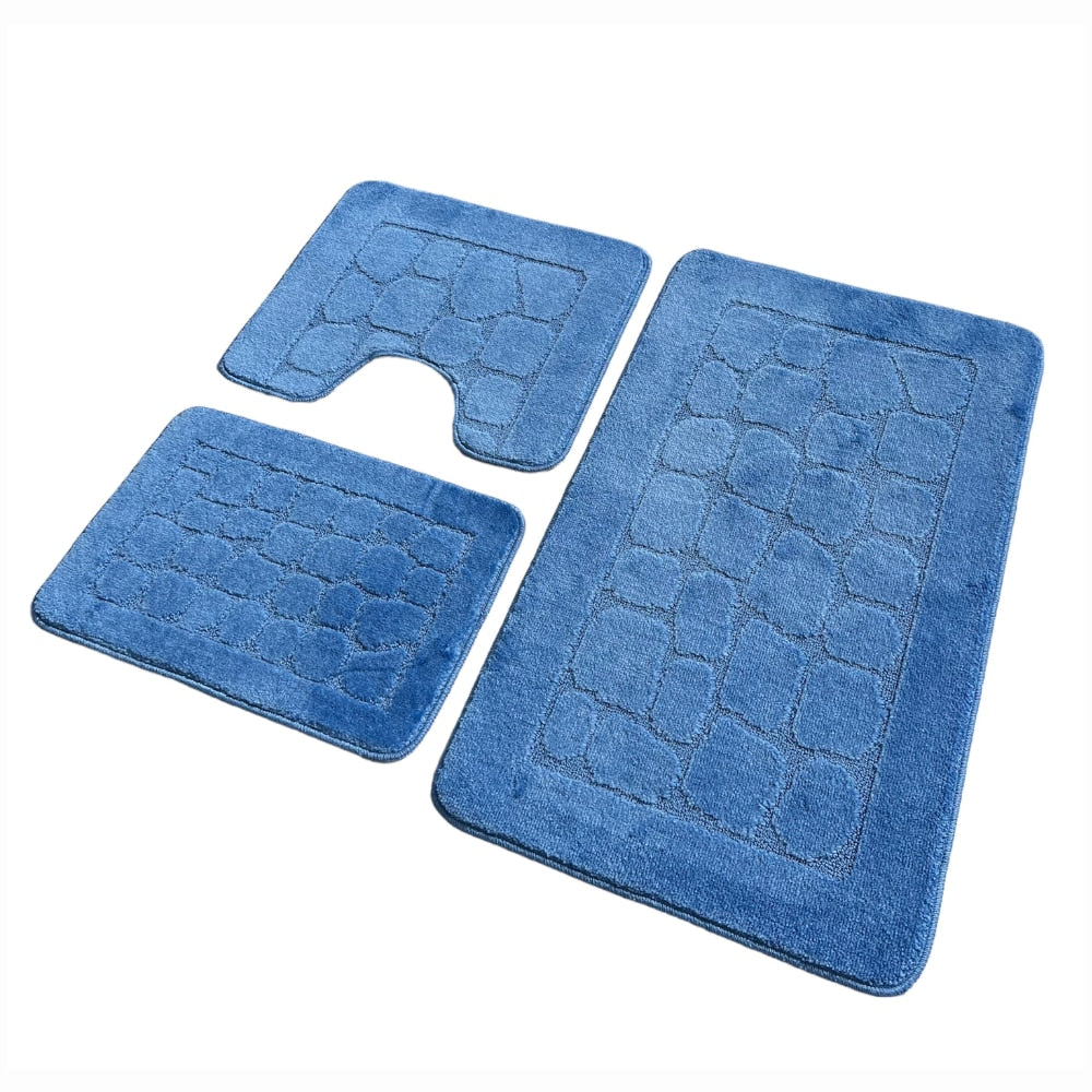 Set covoras de baie 3 piese, polipropilena, 80x50cm, 50x40cm, 40x60cm, Albastru