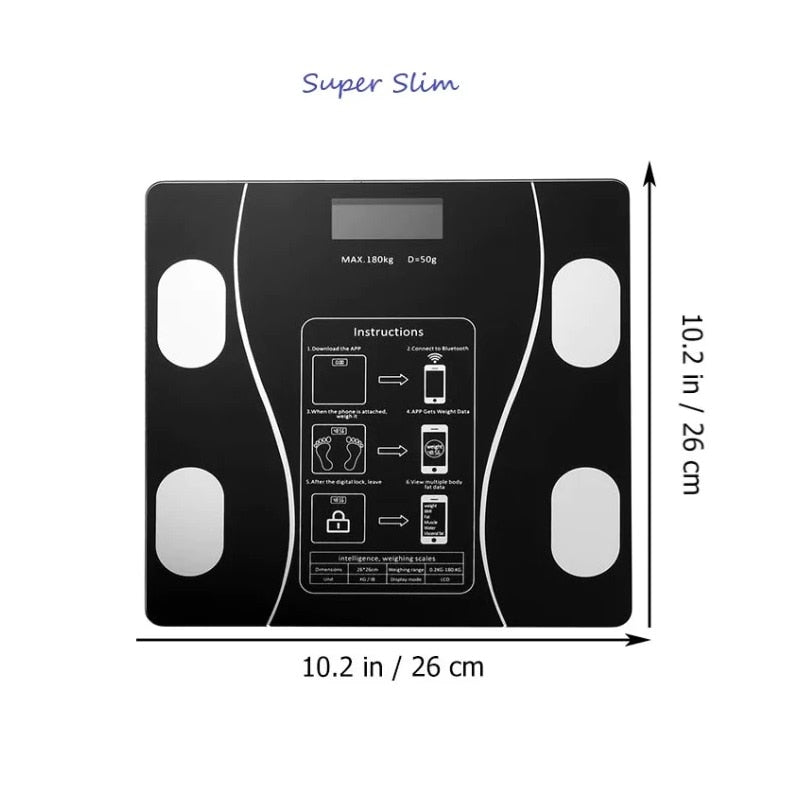Cantar Inteligent Cu Aplicatie Smart, Bluetooth, Ecran Digital LCD, Sticla Securizata, Fitness Tracking, Maxim 180 kg, Corporal, Antialunecare, Negru
