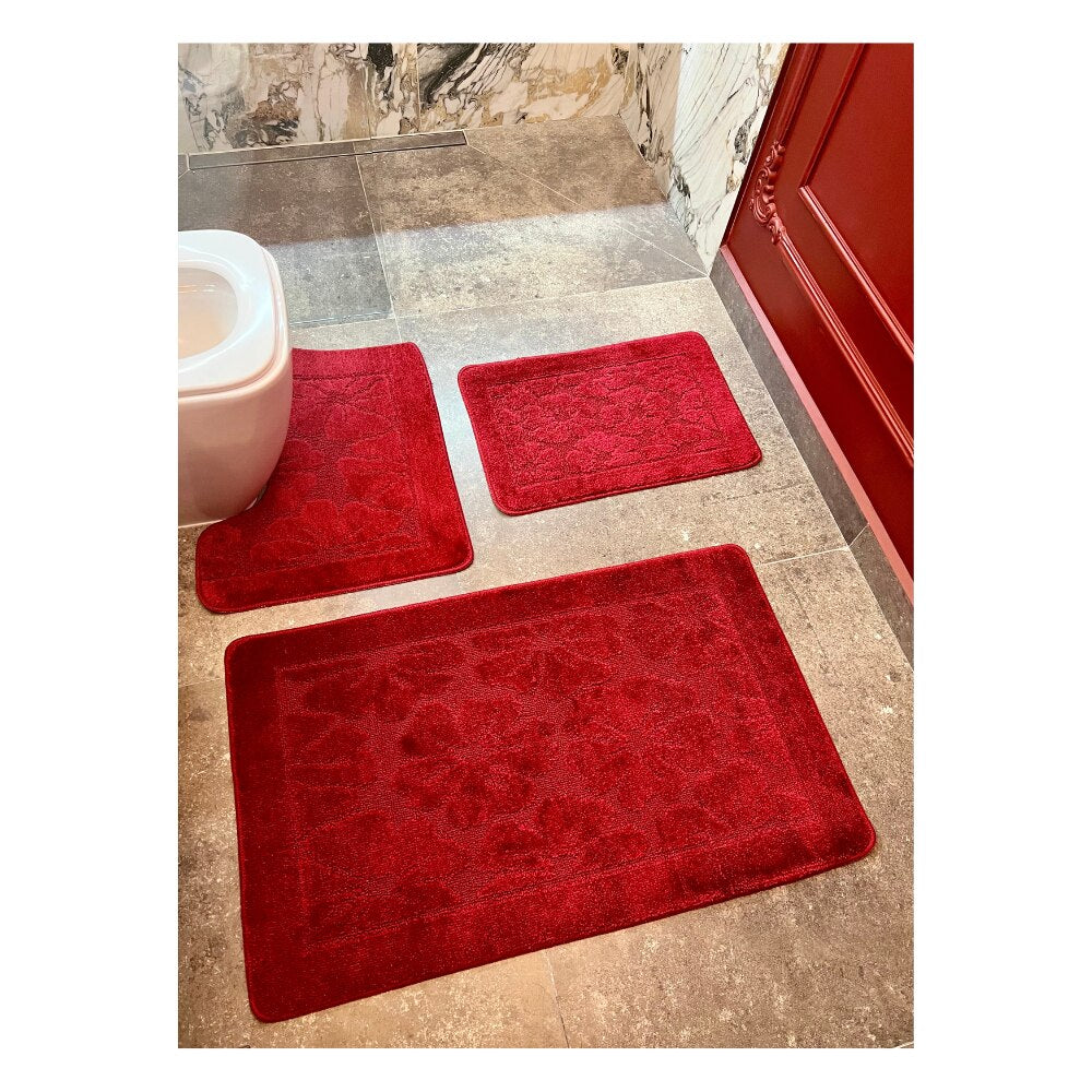 Set covoras de baie - 3 piese, polipropilena, 100x60 - 60x50 - 40x60, Rosu Simplu