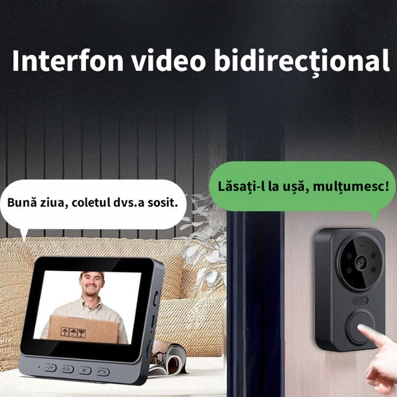 Sonerie video inteligenta bluetooth 72DESI, Ecran IPS 4.3 inch, Night Vision Infrarosu, Senzor IR, Interfon Video HD, 8MP, Comunicare bidirectionala, Unghi de vizualizare 170°, Baterii incorporate, Instalare usoara fara cabluri, Negru