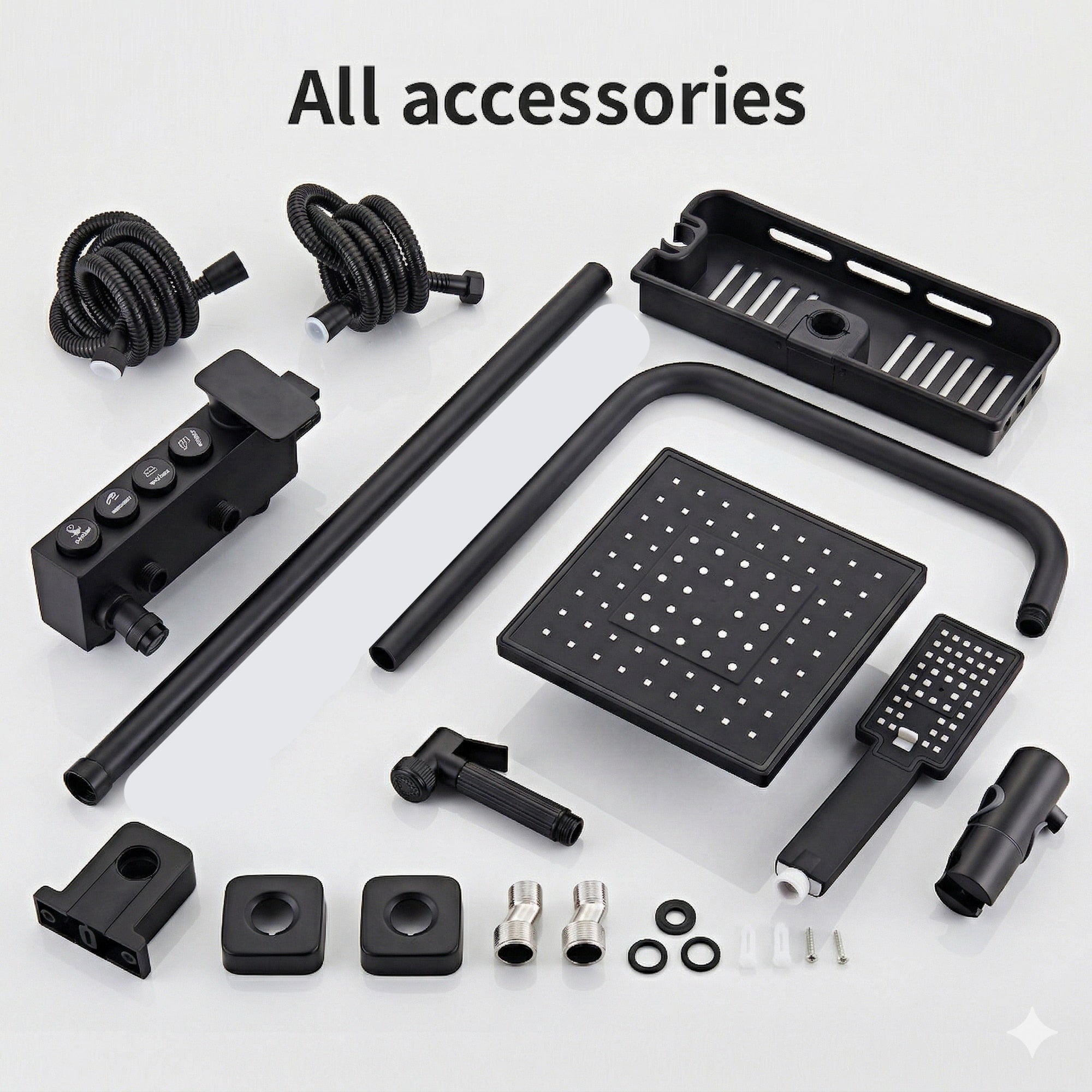 Coloana de Dus Multifunctionala, Novastride®, Set Complet cu Etajera Cosmetice, Para de Dus, Palarie Dus cu Efect Ploaie, 3 Moduri de Pulverizare, Design Modern, Negru