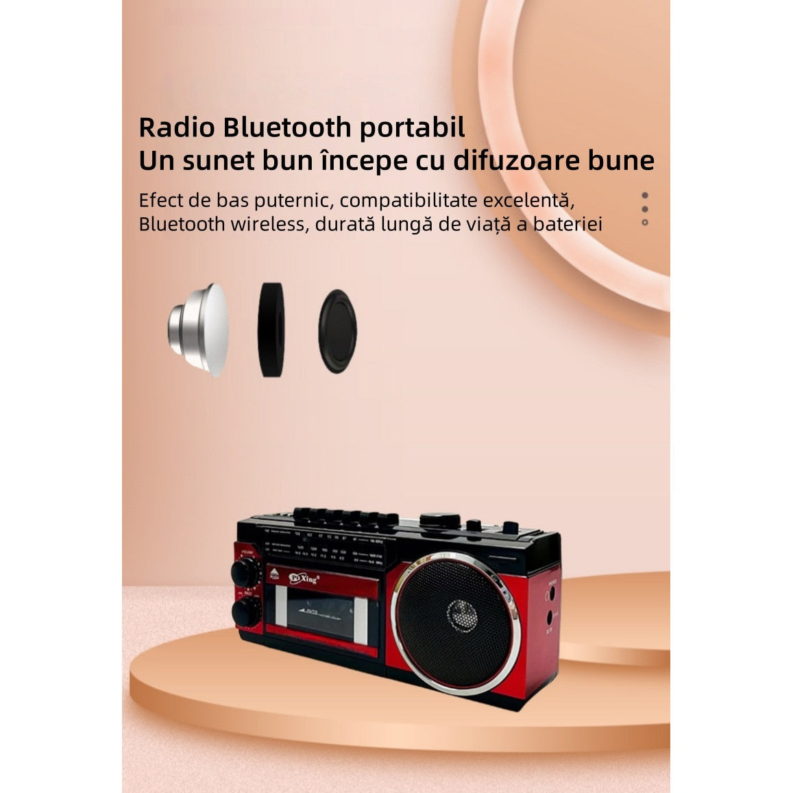Radio portabil, Bluetooth, banda completa, FM/AM/SW, 110V/60Hz-220V/50Hz, card SD, USB, interfata audio de 3,5 mm, putere mare, buton multifunctional, suport redare caseta, raport semnal-zgomot 30dB, calitate sunet HD, stil retro, rosu