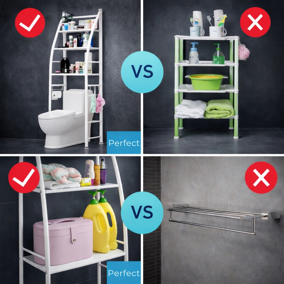 Organizator Baie Macvi® pentru Masina de Spalat si Toaleta, 3 Rafturi Depozitare, Suport Hartie Igienica si Prosoape, Inaltime 160 cm, Metal Vopsit, Alb, Etajera Multifunctionala Economisire Spatiu