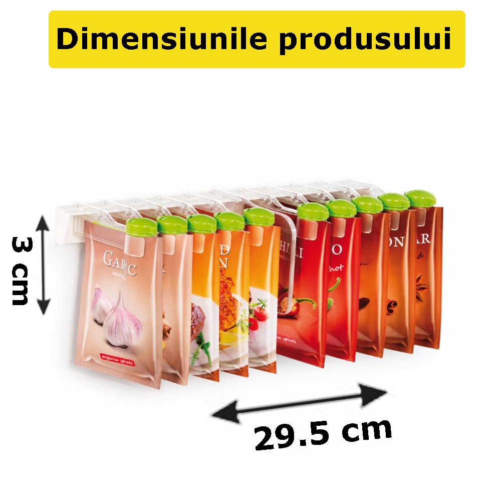 Organizator EDAR Plicuri De Condimente, Cu 10 Cleme, Suport Pentru Montare Pe Perete Inclus, Capace Cu Orificii, Transparent