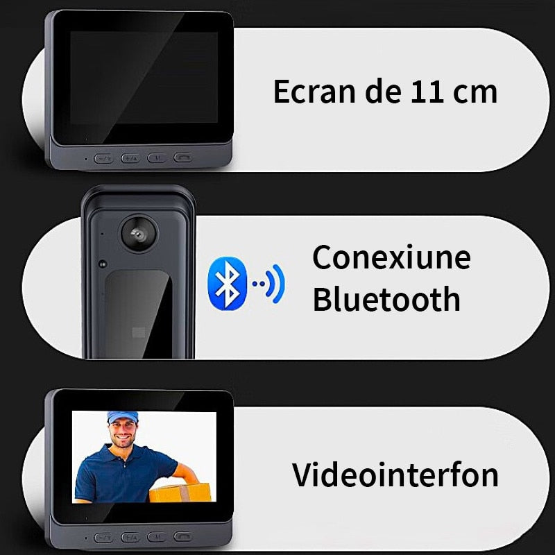 Sonerie video inteligenta bluetooth 72DESI, Ecran IPS 4.3 inch, Night Vision Infrarosu, Senzor IR, Interfon Video HD, 8MP, Comunicare bidirectionala, Unghi de vizualizare 170°, Baterii incorporate, Instalare usoara fara cabluri, Negru