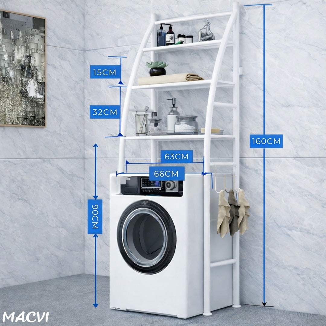 Organizator Baie Macvi® pentru Masina de Spalat si Toaleta, 3 Rafturi Depozitare, Suport Hartie Igienica si Prosoape, Inaltime 160 cm, Metal Vopsit, Alb, Etajera Multifunctionala Economisire Spatiu