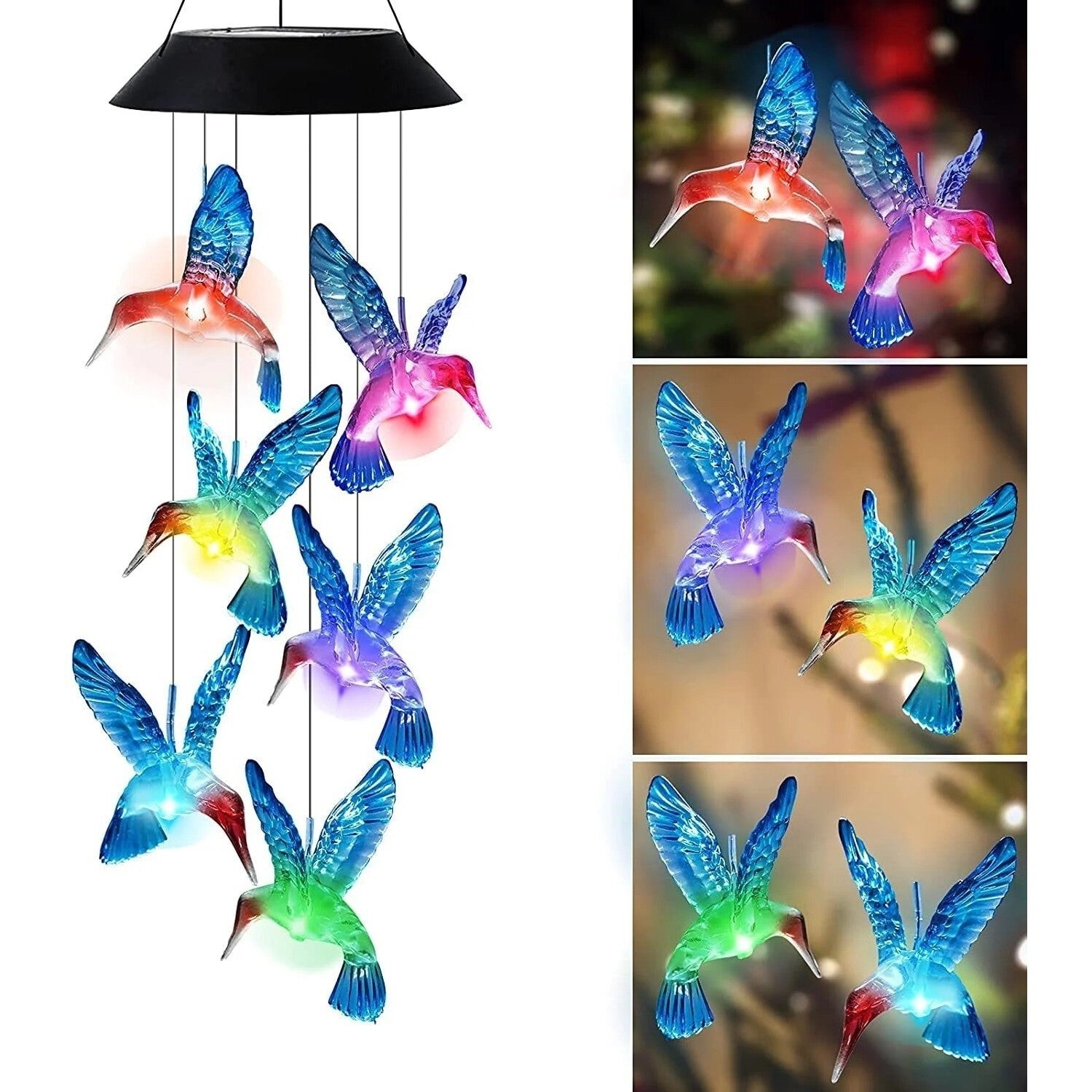 Lampa Solara Decorativa Tip Clopotel de Vant cu Colibri | LED Multicolor | Incarcare Solara | IP55 | Iluminare Automata