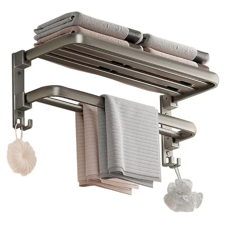 Suport Prosoape Baie Vivendo Pliabil Aluminiu 2 Niveluri Polita Carlige 60cm Gri Montaj Dual