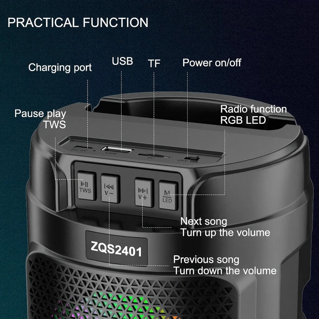 Boxa Portabila ZQS2401 AT Performance, Colorful Bass Speaker – Bluetooth 5.0, 4”, LED RGB,,, FM, USB, TF