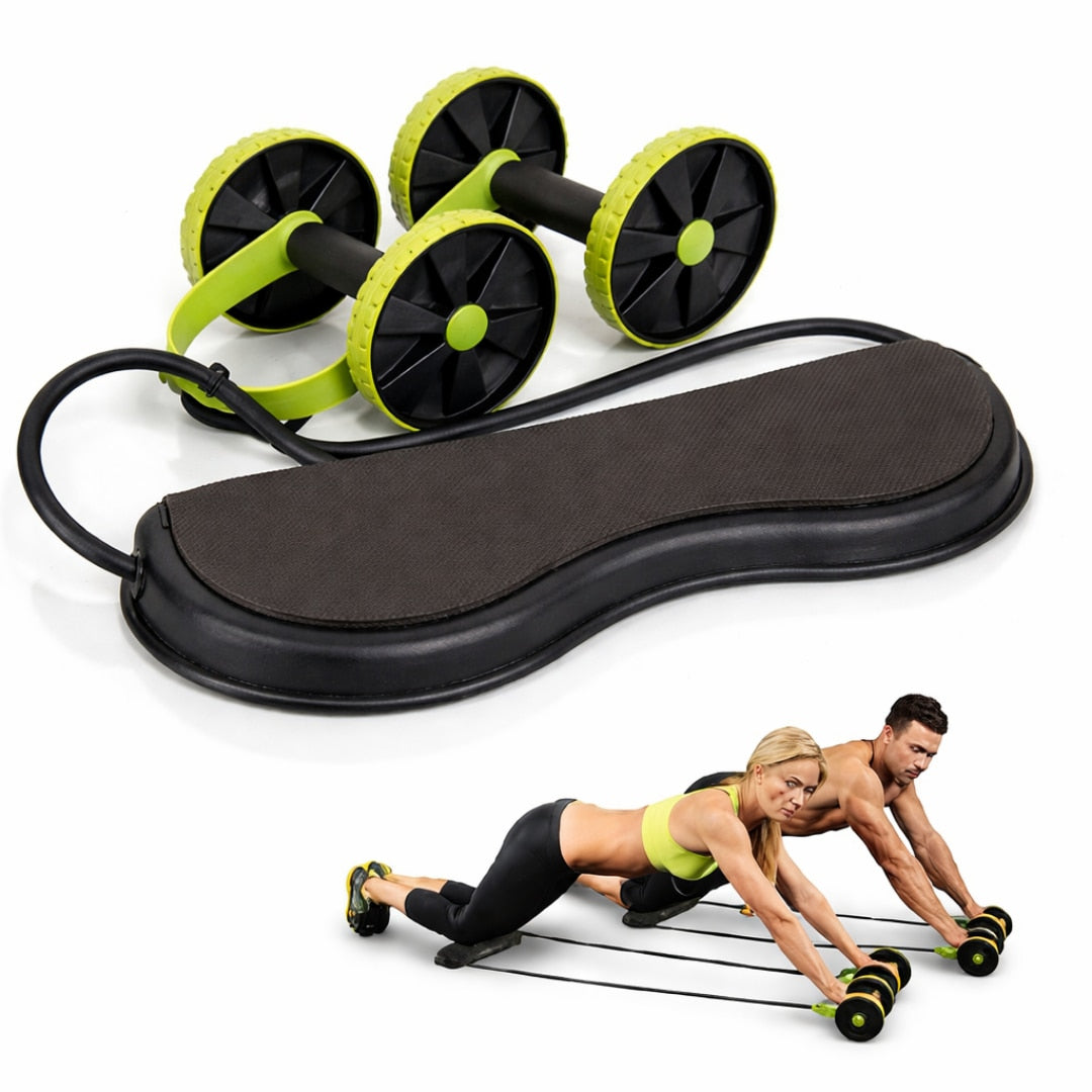 Aparat fitness Macvi® cu role duble si corzi elastice, pentru abdomene, spate, brate si picioare, cu baza antiderapanta