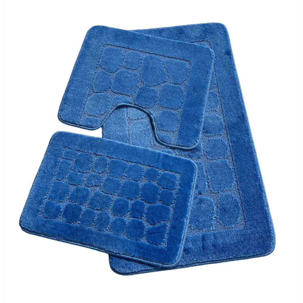 Set covoras de baie 3 piese, polipropilena, 100x60, 60x50, 40x60, Albastru Uni