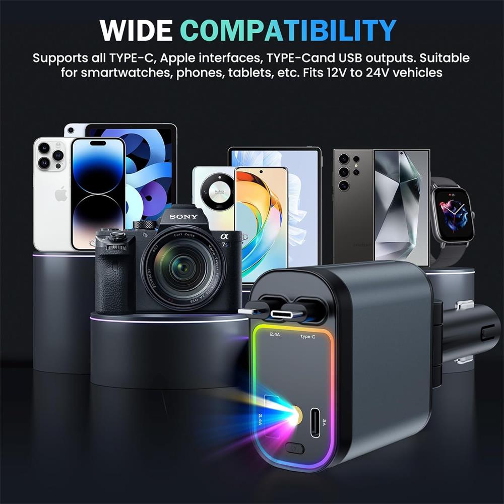 Incarcator auto 66W Fast Charge, cu cablu retractabil si proiector stelar, 3 in 1 cablu inclus, Type-C/Lightning/USB-A, compatibil Apple/Samsung/Huawei, BEEVME, Gri metalizat