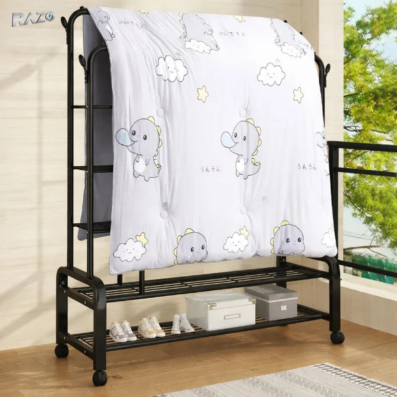 Suport metalic dublu pentru haine cu roti RAZO, Capacitate 58 kg, 2 bare umerase, 2 rafturi pantofi, 160x110x55 cm, Negru