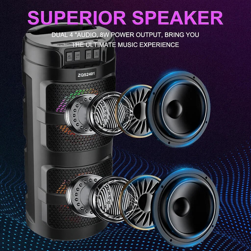Boxa Portabila ZQS2401 AT Performance, Colorful Bass Speaker – Bluetooth 5.0, 4”, LED RGB,,, FM, USB, TF