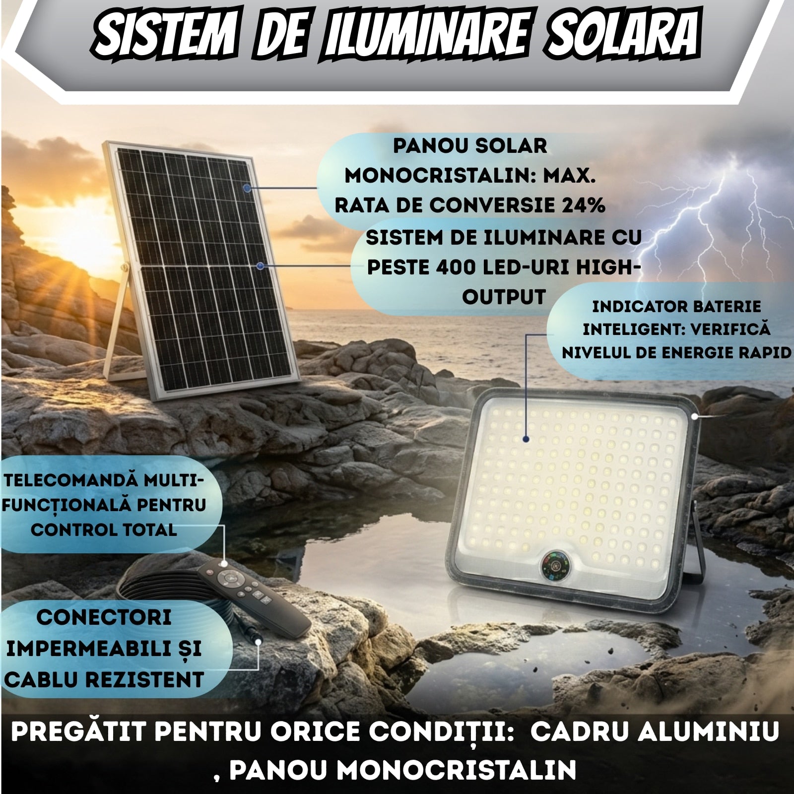 Proiector LED de Iluminat cu Incarcare Solara Premium Infiniteea™, 600W, Kit Complet cu Proiector LED High-Output, Panou Fotovoltaic Monocristalin, Telecomanda Inteligenta a si Kit de Montaj, Autonomie Extinsa, Protectie Rezistent la Intemperii, Negru