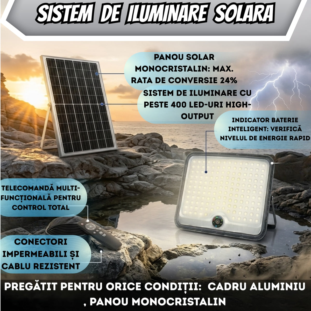Proiector LED de Iluminat cu Incarcare Solara Premium Infiniteea™, 400W, Kit Complet cu Proiector LED High-Output, Panou Fotovoltaic Monocristalin, Telecomanda Inteligenta a si Kit de Montaj, Autonomie Extinsa, Protectie Rezistent la Intemperii, Negru