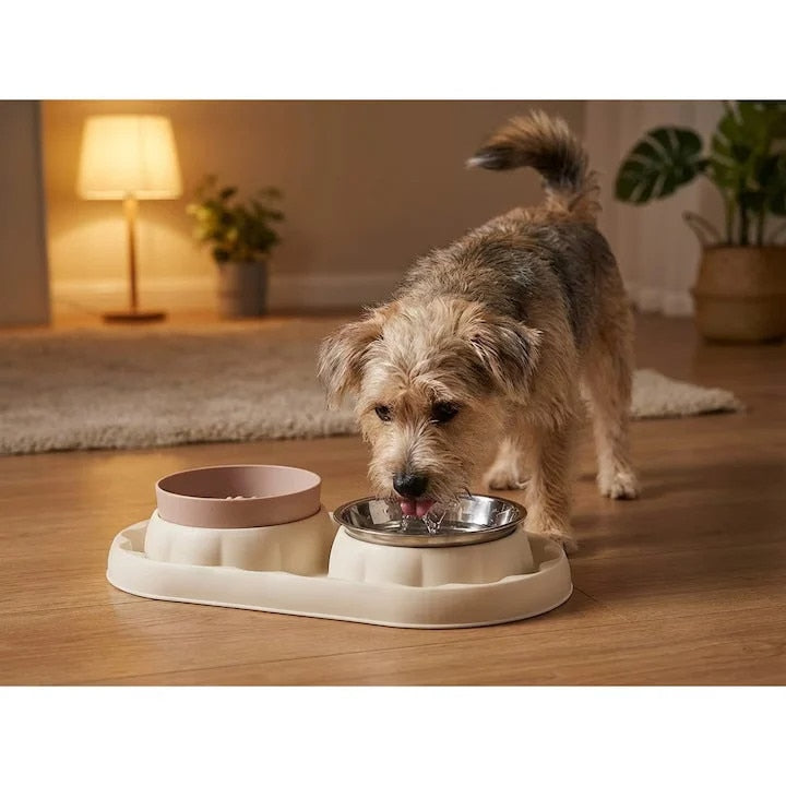 Castron cu alimentare lenta pentru caini, Castron dublu pentru hrana si apa, 36x19 cm, Crem
