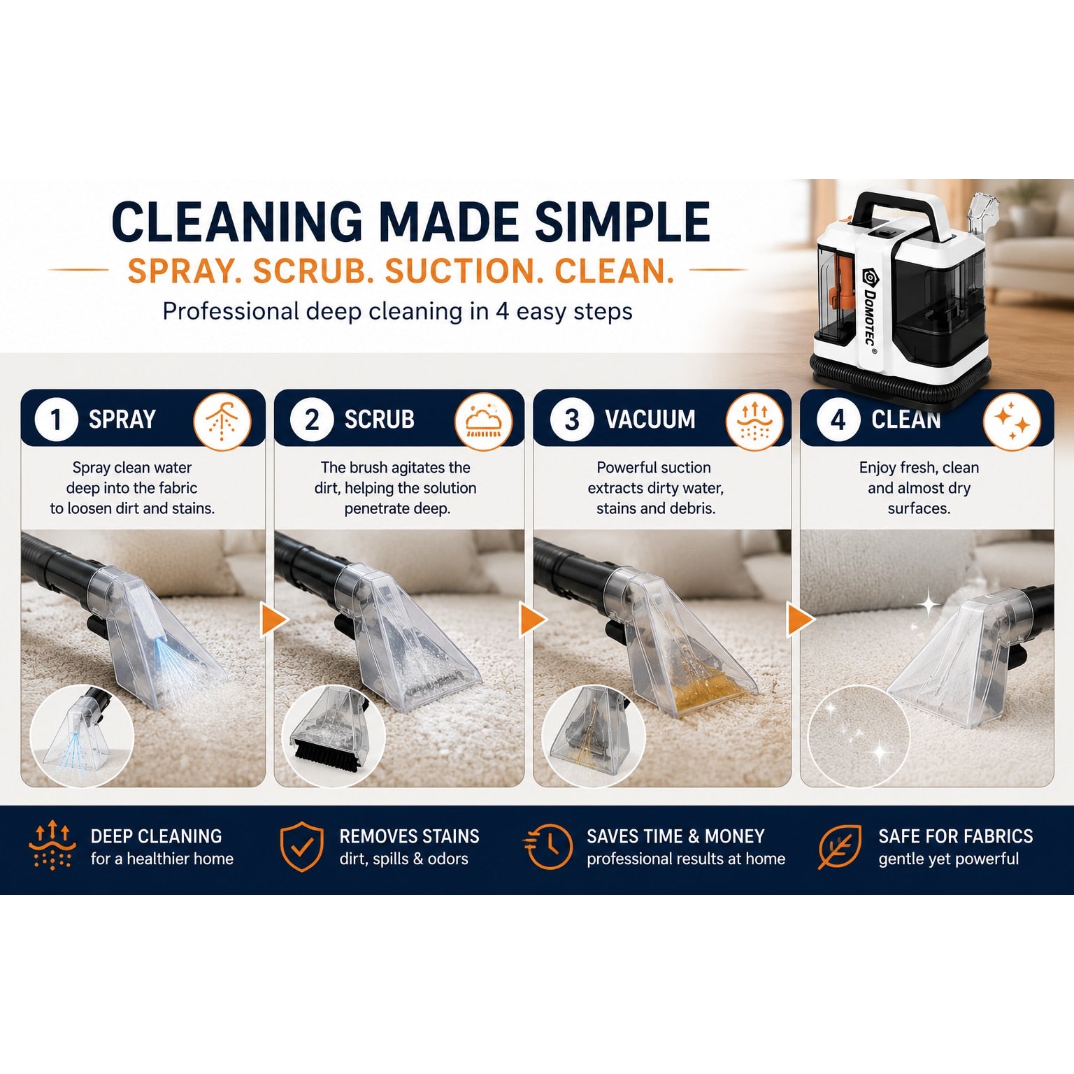 Aspirator cu Spalare DOMOTEC MS-4415, Curatare Covoare, Canapele, Saltele si Tapiterie Auto, Spray-Extractie, 420W, Rezervor 0.8L